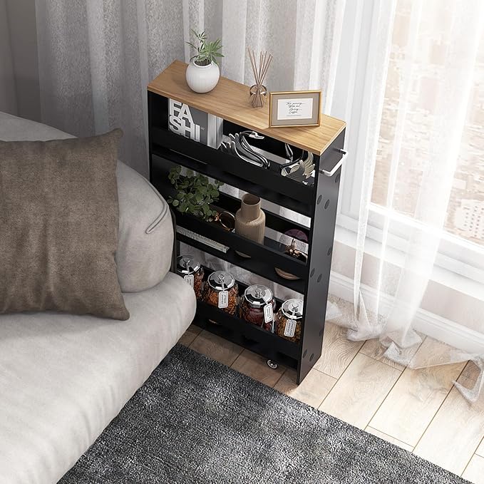 4-Tier Slim Rolling Storage Cart, Wooden Kitchen Utility Cart with Wheels & Handle, Space Saving Trolley, Slide Out Shelving Unit for Narrow Spaces, Laundry, Bathroom (Black + Natural)