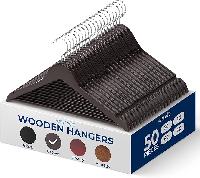 SereneLife 50 Brown Wooden Hangers Non-Slip Heavy Duty Suit and Coat Hanger Set with Chrome 360° Swivel Hook Notches Design for Closet Organization Clothes Pants Durable 10 lb Capacity