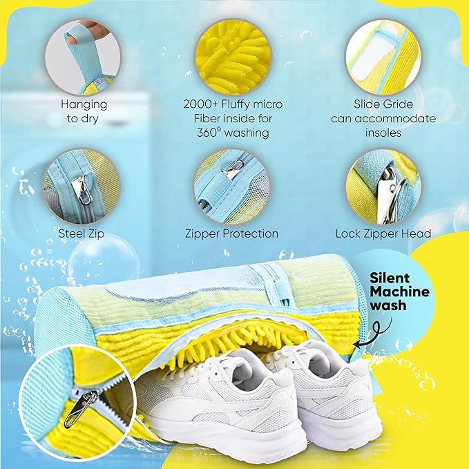 Shoe Washing Machine Bag (2 Pack) – 360° Thick Protection, Highly Durable Mesh Sneaker Washer w/Zipper Lock & Side Pockets – Deep Cleaning Sneaker Laundry Bag for Spotless Shoes