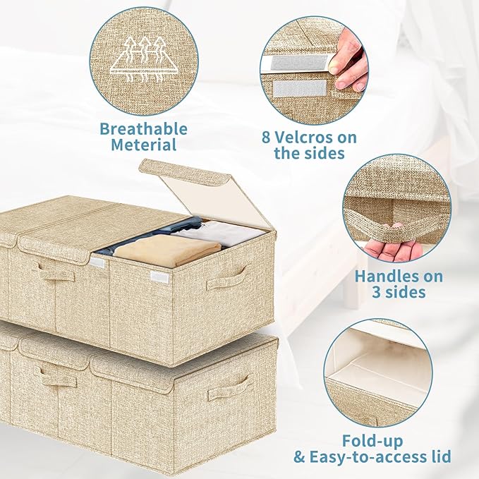 Deep Under Bed Storage Container, 10" Tall Height Underbed Box Bin with Lids 31" Long Large Basket for Under Bed, Bedroom, Dorms, Clothes, Bed sheets, Blankets, 2 Pack, Beige