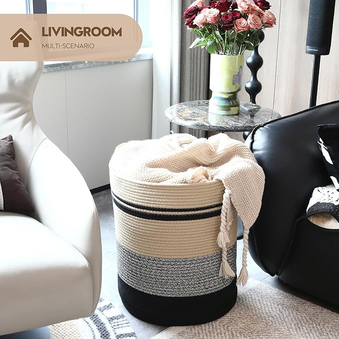 Sea Team Large Size Cotton Rope Woven Storage Basket with Handles, Laundry Hamper, Fabric Bucket, Drum, Clothes Blankets Organizer for Kid's Room, 18 x 20 inches, Round Open Design, Flaxen & Black