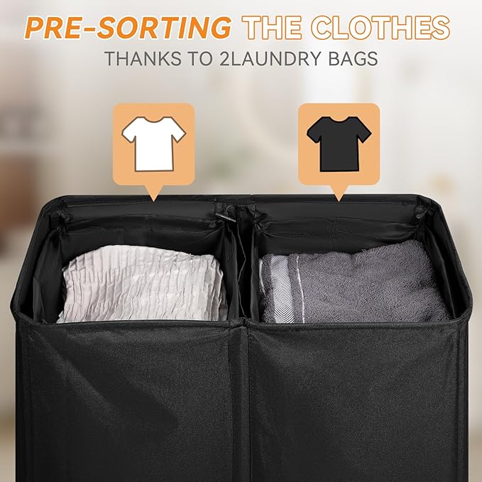 Chrislley 140L Laundry Hamper 2 Section, Double Laundry Basket with Lid, Large Dirty Clothes Hamper with Removable Liner Bags, Collapsible Laundry Organizer for Bedroom, Dorm,Black