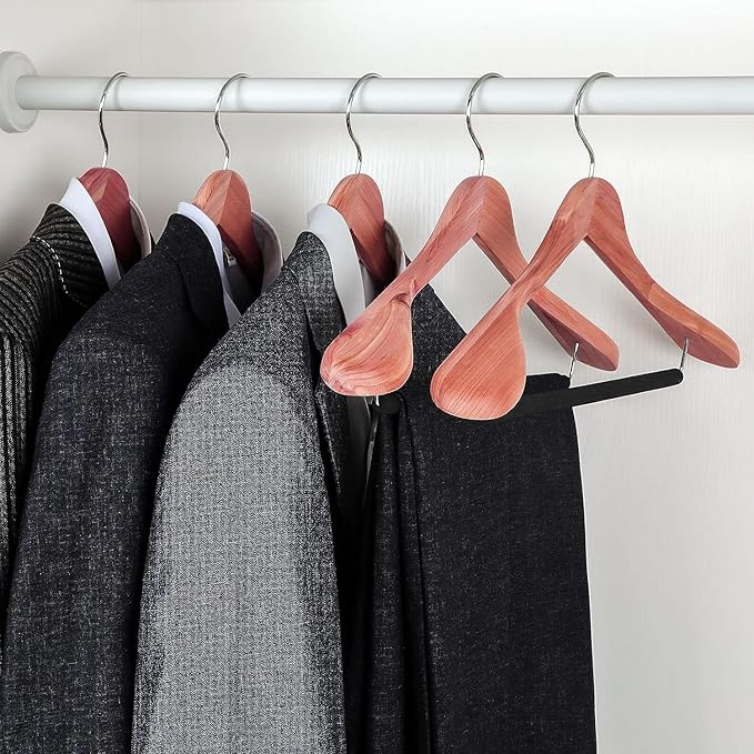 TOPIA HANGER Unfinished American Red Cedar Wood Coat Suit Hangers, Luxury Wooden Jacket Clothes Hangers, Wide Shoulder with Black Padded Pant Bar- 360°Flexible Hook, 6 Pack- Natural- CT07W-6