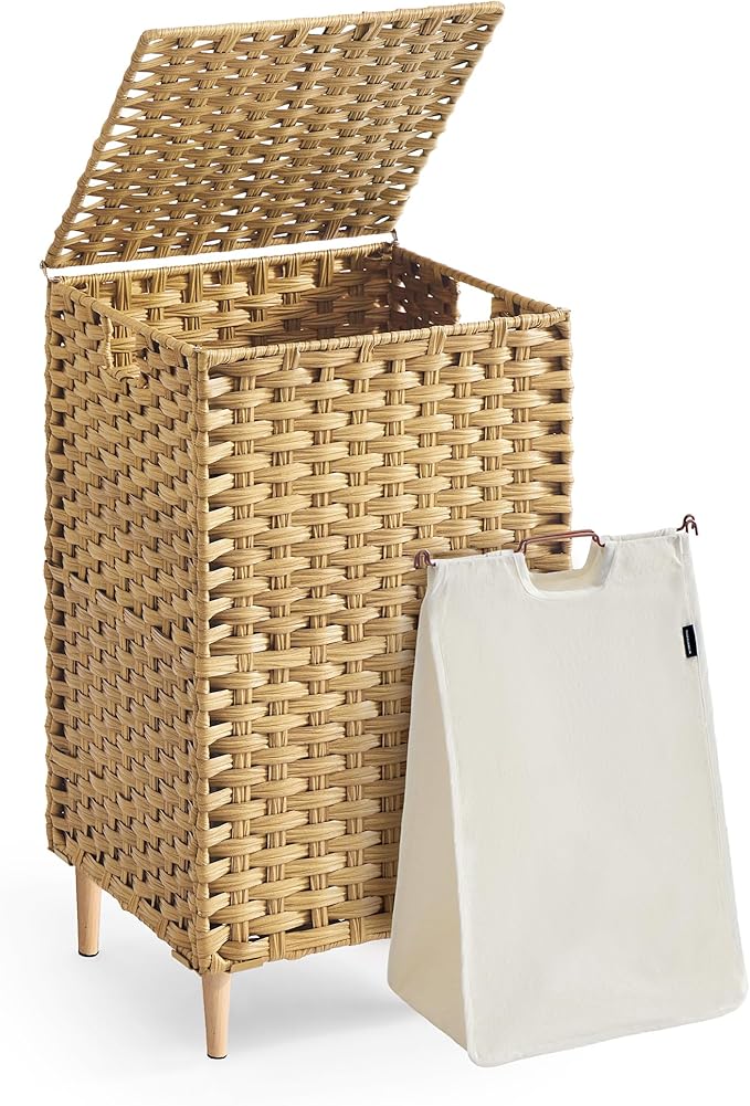 SONGMICS Laundry Hamper with Lid, 25 Gal. (95 L) PE Rattan Laundry Basket with Lid and Handles, Natural Material,Removable Machine Washable Liner, Goose Yellow ULCB221YE01