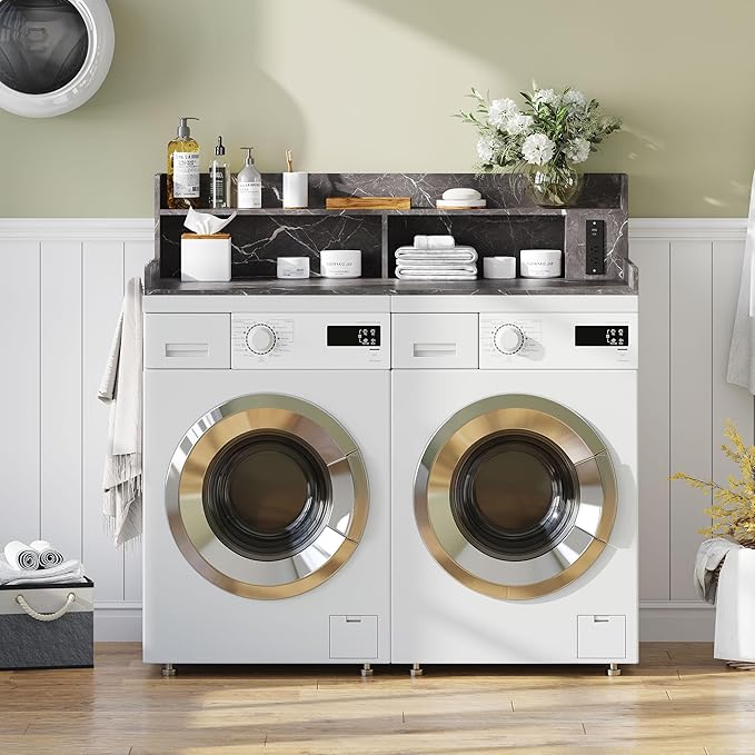 Upgraded 2-Tier Washer and Dryer Countertop with Power Outlet,54" W x 27.6" D Large Laundry Countertop for Fold Clothes, Laundry Topper with Non-Slip Pads & Metal Hooks and Storage Basket