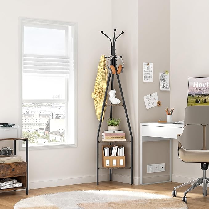 Hoctieon 3-Tier Coat Rack Freestanding with Shelves, Industrial Coat Stand with Storage, Mordern Coat Tree Free Standing for Clothes, Hats, Bags, Grey