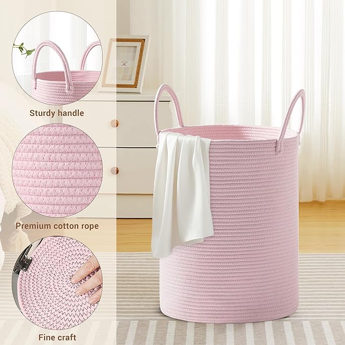 Girls' Tall Laundry Basket with Handles, 58L Portable Dirty Clothes Hamper, Boho Cotton Rope Storage Bin for Blankets Kids Toys Gifts, Decorative Organizer for Nursery Bedroom Bathroom, Pink