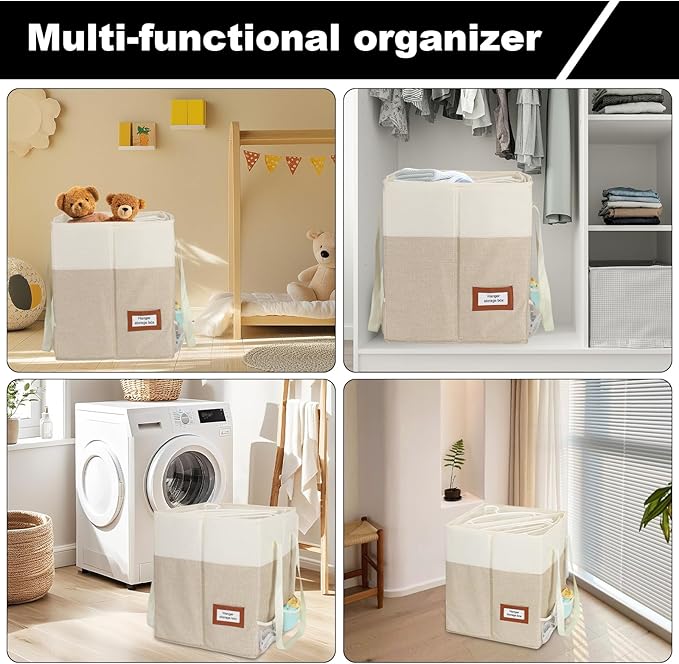 2 Pack Clothes Hanger Organizer Bag with Lid, Rigid Hanger Storage Containers,Hanger Caddy Organizer Box with Handle and Label Window Keep Closet Laundry Rooms Tidy (Beige)