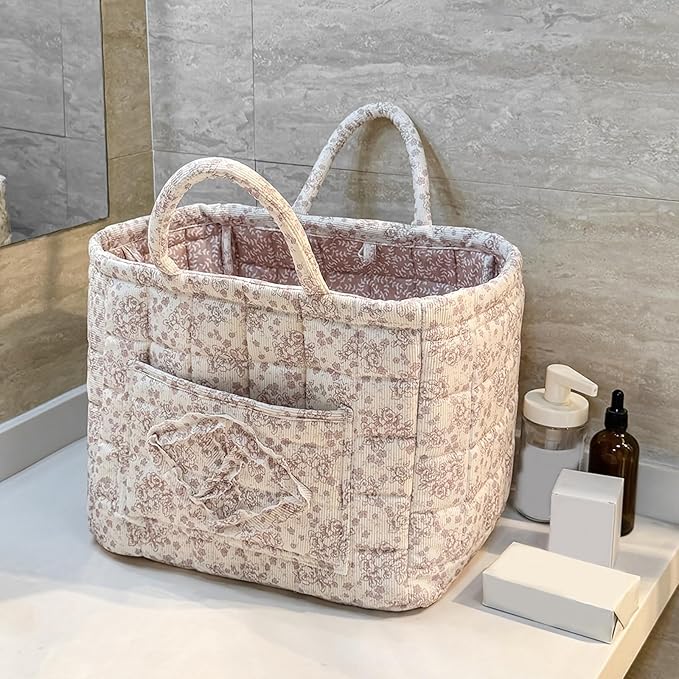 Quilted Fabric Basket Car Storage Basket Boho Floral Laundry Hamper for Nursery Bedroom & Living Room | Organize Clothes Toys