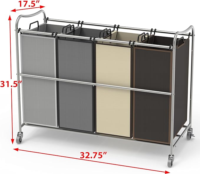 Simple Houseware 4-Bag Heavy Duty Laundry Sorter Rolling Cart, Silver/Assorted