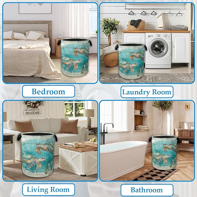 Sea Turtle Laundry Basket Collapsible Laundry Hamper Clothes Toy Storage Bin for Bathroom Bedroom Room Decor 16" X 20.8"