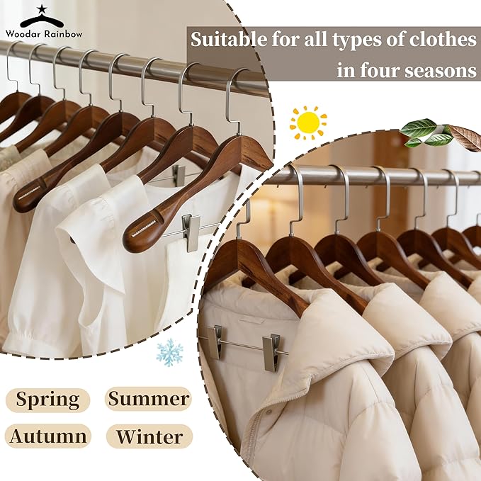Luxury Wide Shoulder Wooden Coat Hangers with Pants Bar, Clips, Solid Wood Jacket Clothes Hangers Smooth Finish for Sweater Suit Dress Pants Sport Coats (Dark Brown, 6 Pack)