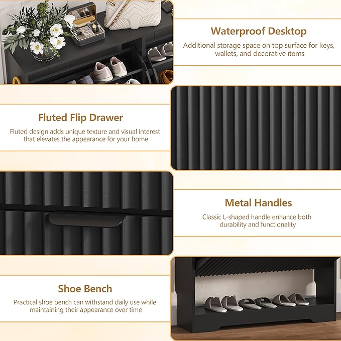 Shoe Cabinet Storage for Entryway with 2 Flip Drawers, Black Fluted Shoe Cabinet with Open Storage, Wooden Hidden Shoe Rack Freestanding Narrow Slim Shoes Organizer for Hallway, Entrance
