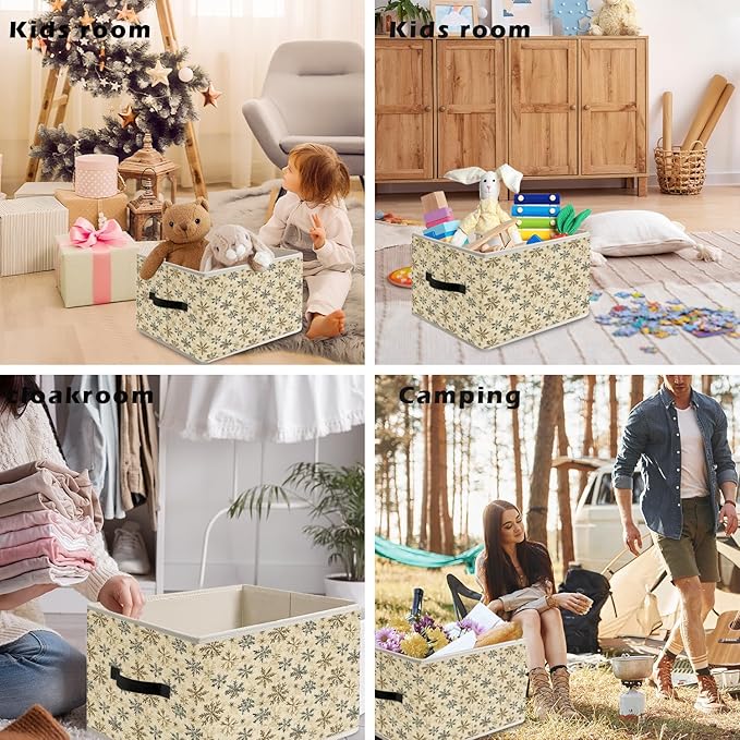 Vintage Winter Snowflake Neutral Christmas Storage Bin Box with Handles, Rustic Holiday Winter Christmas Foldable Organizer Basket Toybox for Home Bedroom Bathroom Clothes Toys Books