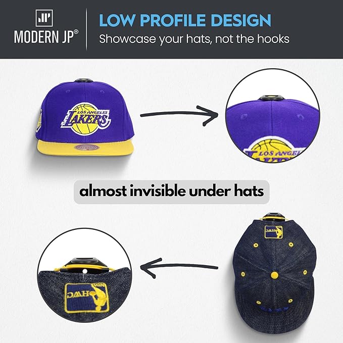 Modern JP Adhesive Hat Hooks for Wall (8-Pack) - Hat Rack for Baseball Caps, Minimalist Hat Display, Strong Hold Hat Hangers for Wall - USA Patented, Black