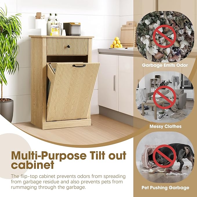 Grepatio Fluted Laundry Hamper, Tilt Out Laundry Hamper Cabinet, 11 Gallon Hidden Trash Can, Wooden Garbage Can Cabinet with Drawer, Free Standing for Bathroom, Kitchen (Natural, Single)