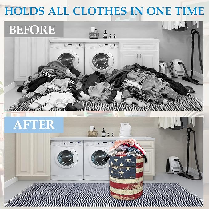 American Flag Laundry Basket Collapsible Laundry Hamper with Handle, Oxford Clothes Toy Storage Bin for Bathroom Bedroom Room Décor 16" X 20.8"