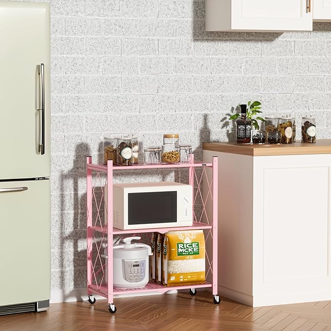 ALANNG Heavy Duty 3-Tier Folding Shelf with Wheels, No Tools Assembly Metal Storage Rack Cart for Kitchen, Pantry, Laundry Room, Garage, Pink