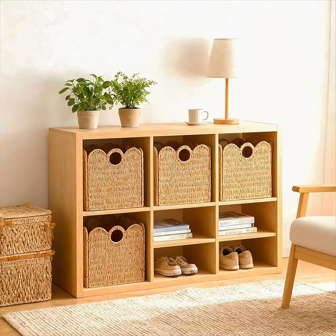 Scalloped Wicker Storage Cubes Basket, 12”x12“ Heavy Duty Paper rope/Hyacinth/Seagrass Baskets for Shelves, Foldable Natural Boho Square Bins (Paper Rope, 12 x 12 x 12in, 4-Pack)