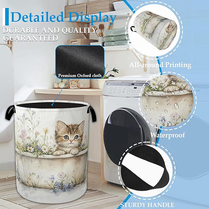 Cute Cat Laundry Hamper Bathtub Flowers Laundry Basket Collapsible Portable Clothes Toy Storage Bin for Bathroom Bedroom Room Decor 16 X 20.8 Inch