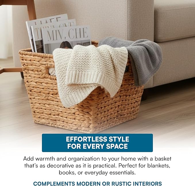 Honey-Can-Do Water Hyacinth Storage Baskets - Durable Wicker Basket with Handle for Organizing Home Essentials, Ideal for Pantry Organizers and Storage & Blanket Basket, Large, 15"x15"x12", Natural