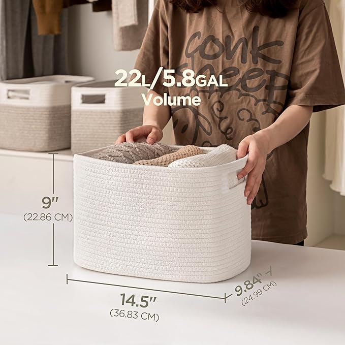 UBBCARE 4 Pack Storage Baskets for Organizing, Shelf Baskets with Handles, Woven Storage Baskets for Bookcase/Cube Shelf/Closet, 14.5"L x 9.8"W x 9"H, White