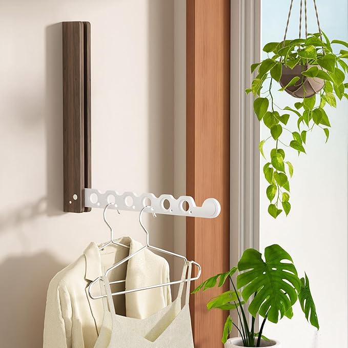 Natural Wood Folding Clothes Hanger Rack for Laundry Room, Wall Mounted Clothes Drying Rack, Laundry Drying Rack Foldable, Perfect for Small Spaces, Walnut Wood Black