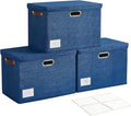 15" Large Collapsible Storage Bins with Lids, Stackable Closet Organizers with PU Handle and Labels, 3-Pack Decorative Fabric Storage Boxes for Home, Bedroom, Closet, Office, Nursery(Navy Blue)