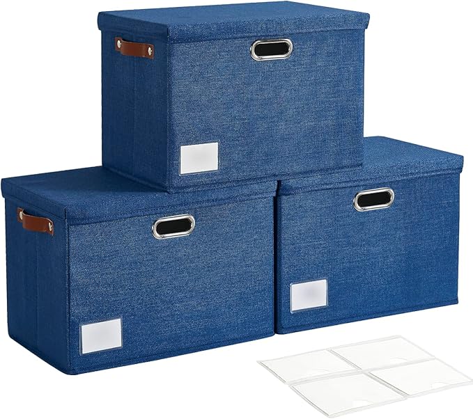 15" Large Collapsible Storage Bins with Lids, Stackable Closet Organizers with PU Handle and Labels, 3-Pack Decorative Fabric Storage Boxes for Home, Bedroom, Closet, Office, Nursery(Navy Blue)