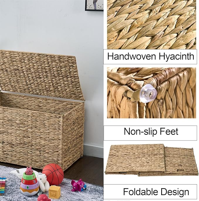 Water Hyacinth Storage Basket with Lid, 27.7 Gallon (105L) Blanket Storage Basket with Handles, Woven Storage Bin, Foldable, Metal Frame, for Bedroom, Laundry Room, Natural