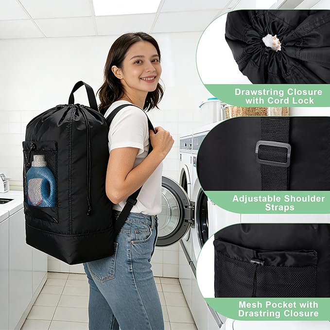 Backpack Laundry Bag,Large Travel Laundry Bags with Shoulder Straps and Mesh Pockets,Laundry Backpack with Drawstring Closure for College,Trave,Dorm, Apartment,Laundromat (Khaki)