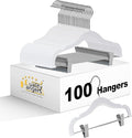 100 Quality Kids Plastic Non Velvet Non-Flocked Thin Compact Skirt Pant Coat Hangers with Metal Clips for Skirts Pants Blouses 360° Swivel Hook, Jacket, Shirt, Pants, Suit Hangers (White, 100)
