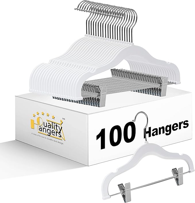 100 Quality Kids Plastic Non Velvet Non-Flocked Thin Compact Skirt Pant Coat Hangers with Metal Clips for Skirts Pants Blouses 360° Swivel Hook, Jacket, Shirt, Pants, Suit Hangers (White, 100)