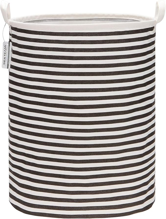 Sea Team 19.7 Inches Large Sized Waterproof Coating Ramie Cotton Fabric Folding Laundry Hamper Bucket Cylindric Burlap Canvas Storage Basket (19.7", Black & White Stripe)