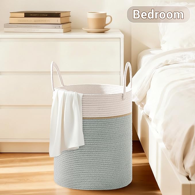 Tall Laundry Basket with Handles, 100L Portable Dirty Clothes Hamper, Boho Cotton Rope Storage Bin for Blankets Kids Toys Gifts, Extra Large Organizer for Nursery Bedroom Bathroom, Sage Green