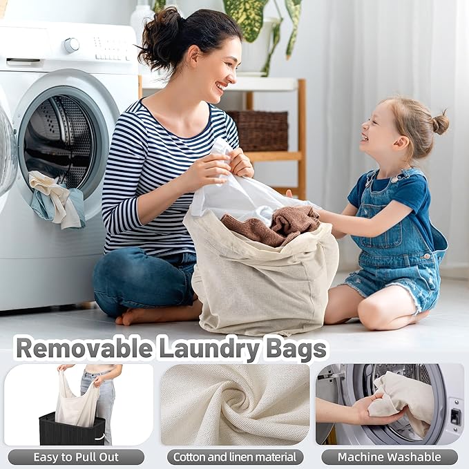 72L Slim Laundry Hamper with Lid, Foldable Bamboo Clothes Laundry Basket with Handles, Removable and Machine Washable Liner, for Bedroom, Bathroom, Dorm, Ink Black