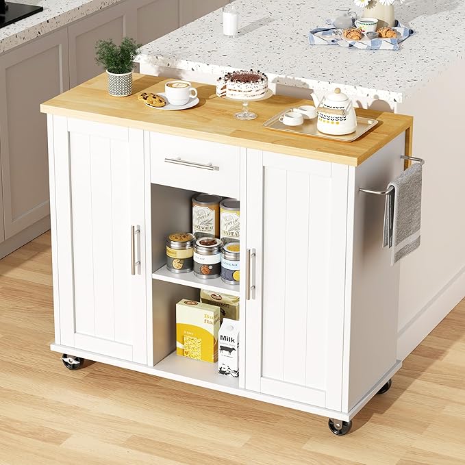 JY QAQA 42" Kitchen Island with Storage on Wheels, Rolling Table with Drop Leaf, Drawers, Cart Handle for Towel Rack or Free Movement, White