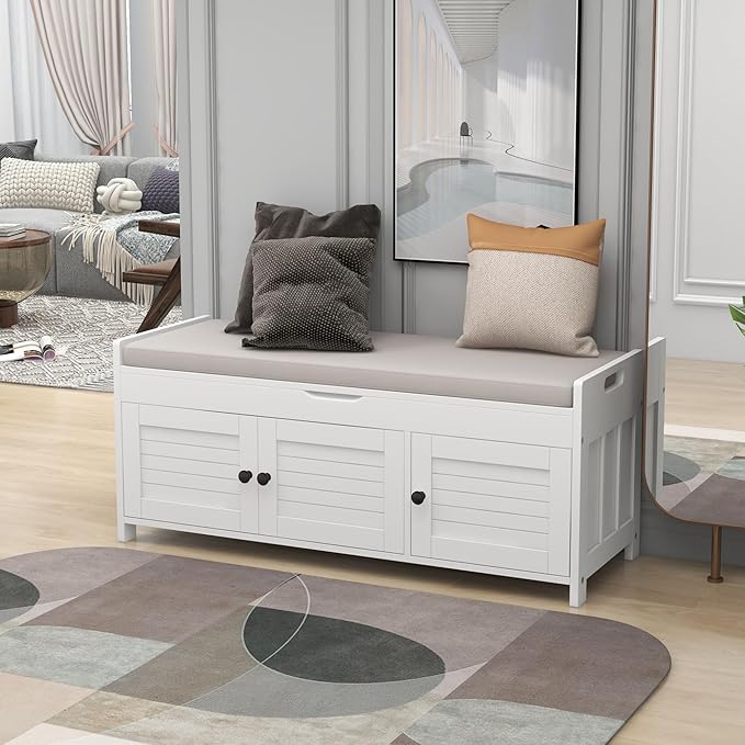 SOFTSEA Storage Bench with 3 Shutter-Shaped Doors Wood Entryway Bench Shoe Bench with Removable Cushion and Hidden Storage