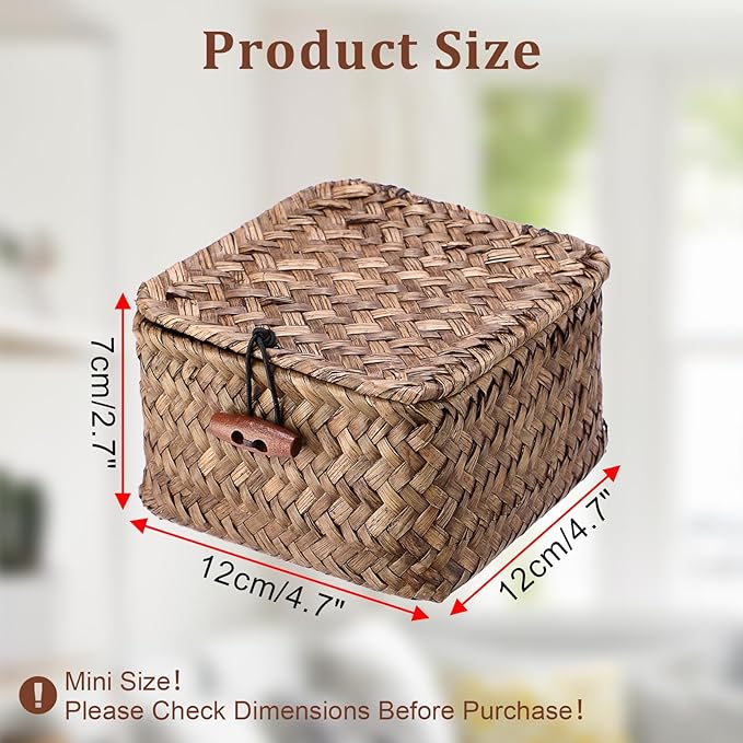 Seagrass Basket with Lid Natural Seagrass Storage Box Square Handwoven Basket Box for Shelf Multipurpose Desktop Organizer Bin for Key Candy, 4.7" x 2.7"