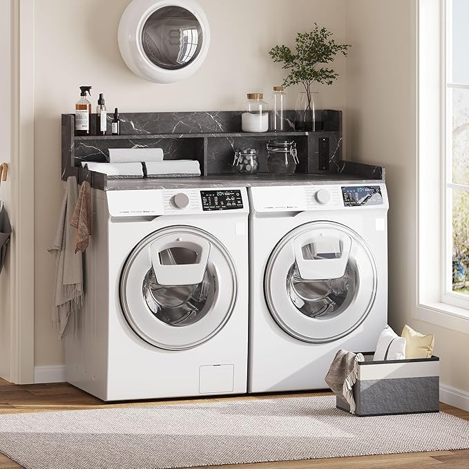Upgraded 2-Tier Washer and Dryer Countertop with Power Outlet,54" W x 27.6" D Large Laundry Countertop for Fold Clothes, Laundry Topper with Non-Slip Pads & Metal Hooks and Storage Basket