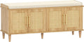 Rattan Shoe Storage Bench with Cushion, 2-Tier Entryway Bench with Adjustable Shelves and 4 Doors, 15" D x 47.2" W x 20" H, Solid Wood Legs, for Hallway, Living Room, Bedroom, Natural Oak