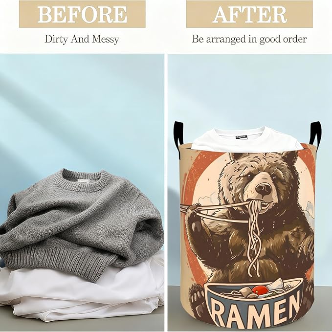 Funny Ramen Bear Laundry Basket Hamper for Boys Girls Kids Adults, Foldable Waterproof Oxford Clothes Storage Bin, Cute Retro Noodle Food Organizer for Bedroom Bathroom Room Decor 19.7"x15.8"