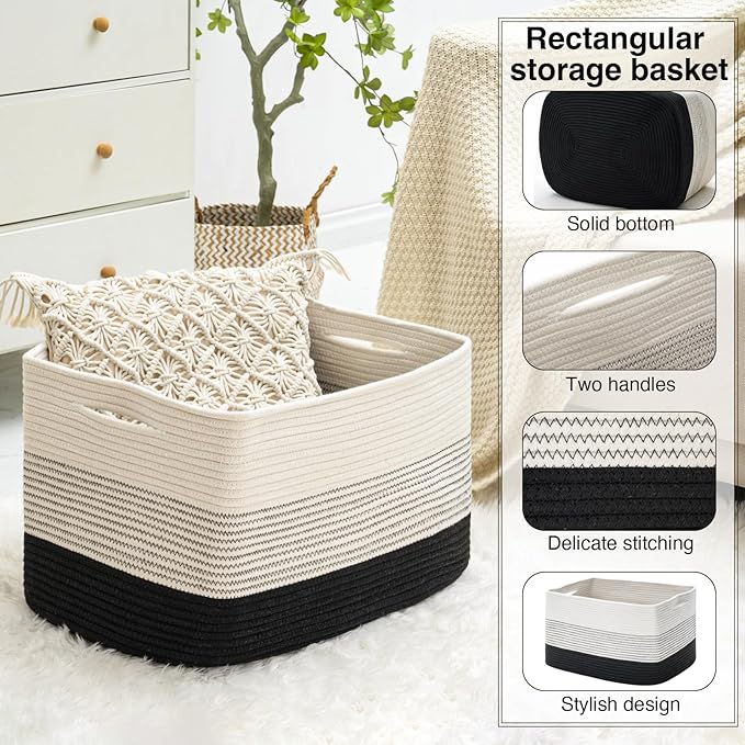Large Blanket Basket Living Room, Rectangle Toy Storage Basket, Large Baskets for Blankets, Woven Cotton Rope Baskets for Storage, Books, Shoes, Dirty Clothes, 22”x17”x12”, Gradient Black, 75L