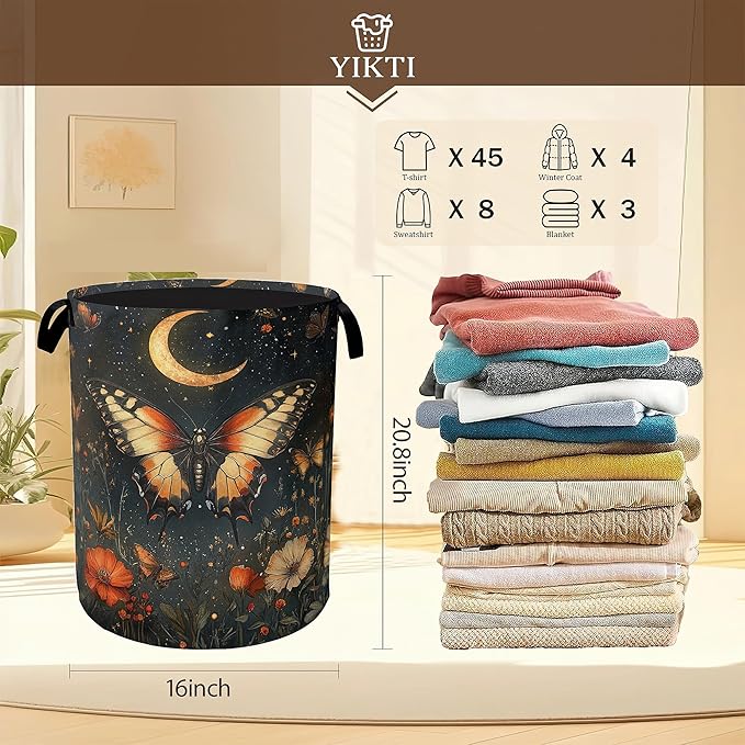 Laundry Hamper,Vintage Butterfly Flower Laundry Basket,Gothic Garden Moon Portable Collapsible Laundry Room Organization Storage for Dorm Room,Nursery,Bathroom,Bedroom,16x20 Inch