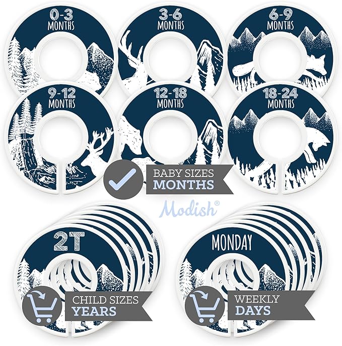Baby Clothes Closet Organization, Hanging Size Dividers: Months & Years Sets, Girl Boy Neutral Navy Blue Woodland Animal Outdoor Mountain Forest Safari Explorer Nursery Décor, Useful Baby Gift