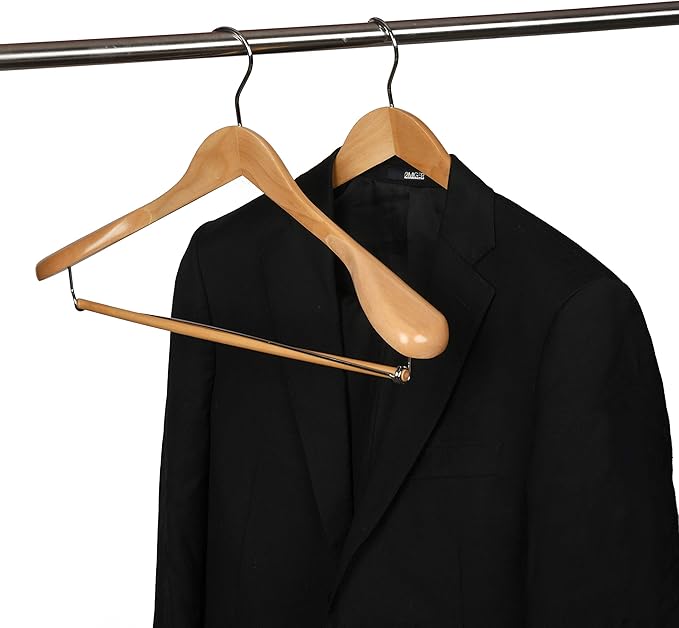Luxury Wide Shoulder Wooden Hangers 2 Pack, with Locking Bar, Smooth Natural Finish Wood Suit Hanger Coat Hanger for Closet, Holds Upto 20lbs, 360° Swivel Hook, for Jacket, Dress Heavy Clothes Hangers