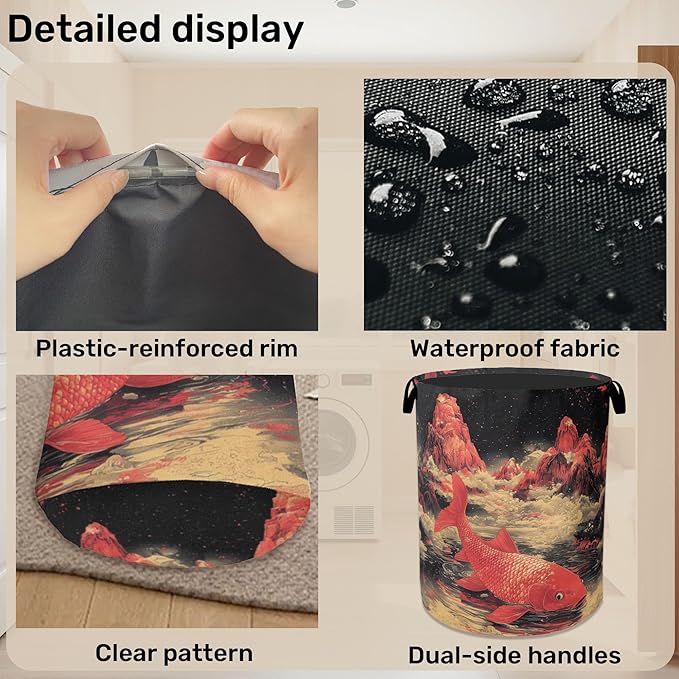 Japanese Style Red Fish Laundry Basket - Heavy Duty 60L Dirty Clothes Organizer, Water Resistant Foldable Hamper for Men Women