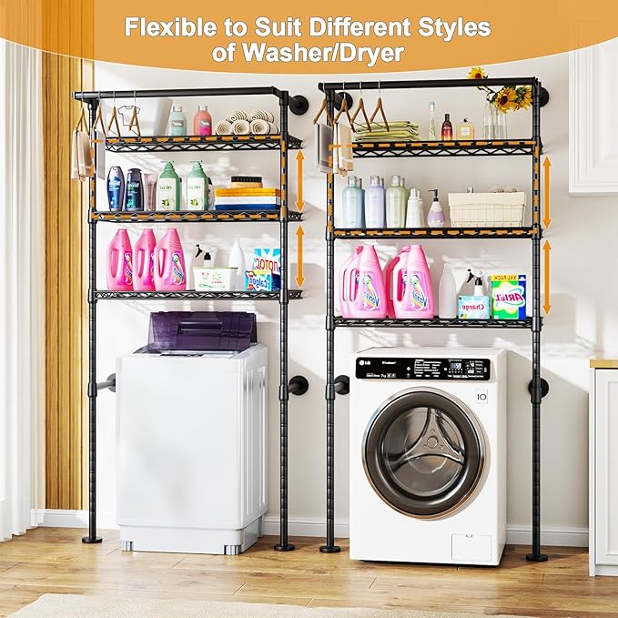 U17 Wall-Mounted Over Washer and Dryer Storage Shelves, Without Moving Washer or Dryer Laundry Room Storage Rack with Hanger Rod, 35" W x 22" D x 86.2" H, Holds 352 lbs, Black