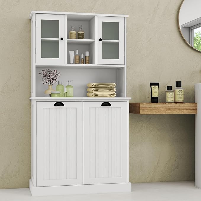 Tall Tilt-Out Double Doors Laundry Cabinet Hamper, Large Pull Out Laundry Room Storage Cabinets, Bathroom Cabinet with Hidden Laundry Hamper & Glass Doors, White,13 * 2 Gallons
