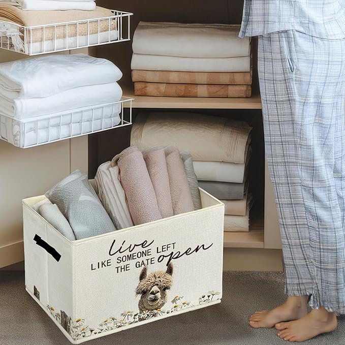 Rustic Alpaca Storage Bins & Boxes with Handles, Farmhouse Alpaca Foldable Basket for Organizing, Live Like Someone Left the Gate Open Collapsible Storage Basket for Bedroom Bathroom Clothes
